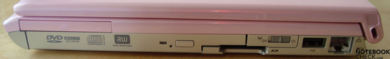 Правая панель: Оптический привод, слот Express Cardt 54, картридер, переключатель WLAN, USB, LAN, замок Kensington
