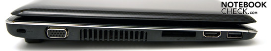 Слева: 1 USB (sleep and charge), HDMI, 5-в-1 кардридер, VGA, замок Kensington