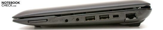 Справа: 3-в-1 кардридер, аудио, 2 порта USB 2.0, замок Kensington, RJ-45