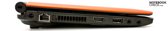 Слева: разъем для замка Кенсингтона, разъем питания, RJ-45, HDMI, USB 2.0, аудио разъемы