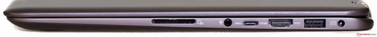 Справа: Слот для карт SD, аудиовыход, USB 3.1 Type C, HDMI, USB 3.0, коннектор питания
