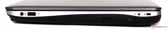 Справа: аудиоразъем, USB 3.0, DVD/Blu-ray-привод, разъем для сабвуфера, слот Kensington