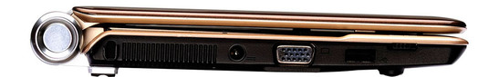 Слева: замок Kensington, вентиляционное отверстие, разъем входа электропитания, аналоговый выход VGA, USB, переключатель WLAN