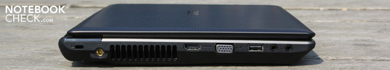 Слева: Разъем для замка Кенсингтона, разъем для подключения питания, HDMI, VGA, USB 2.0, аудио разъемы