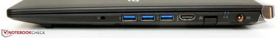 Справа: аудиоразъем, 3 порта USB 3.0, HDMI, гигабитный Ethernet, разъем питания