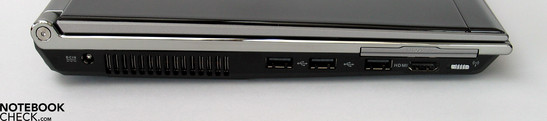 Слева: разъем питания, вентилятор, 3x USB, HDMI, ExpressCard