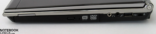 Справа: DVD привод, картридер, аудио порты (S/PDIF), USB, Kensington lock