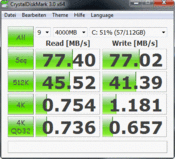 Crystal Disk Mark 3.0: Скорость чтения: 77 Мб/с