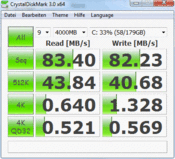 Crystal Disk Mark 3.0:  83 Mб/с чтение