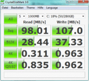 Crystal Disk Mark 98 Мб/с при чтении / 107 Mб/с при записи