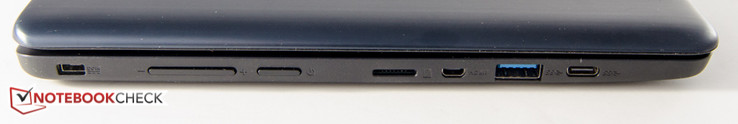 Слева: разъем питания, регулятор громкости, кнопка питания, слот microSD, microHDMI, USB 3.0, USB 3.1 (Gen1) Type C