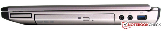 Справа: ExpressCard, DVD-привод, аудиоразъемы, USB 3.0