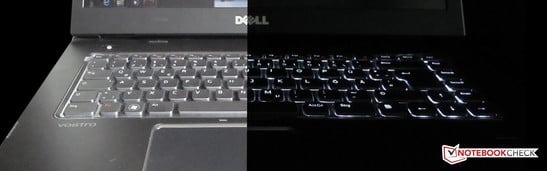 Одной из особенностей Dell Vostro 3555 является наличие подсветки клавиатуры (справа с подсветкой, слева - без неё)