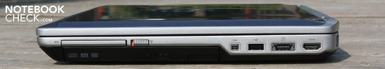 Справа: ExpressCard54, рычажок WLAN, DVD привод, FireWire, USB 2.0, eSATA, HDMI