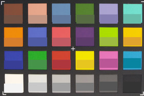 Galaxy J5 (2016). Снимок цветовой таблицы ColorChecker, в нижней части квадрата - исходный цвет, в верхней - результат съёмки