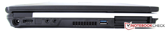Слева: Разъем для подключения питания, eSATA, пара аудиоразъемов, USB 3.0, PC Card, PC Card Express, считыватель смарт карт