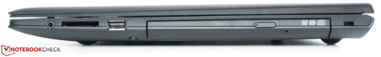 Справа: 3.5-мм 2-в-1 аудиоразъем, SD/MMC-кардридер, USB 2.0, DVD-привод, замок Kensington