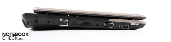 Слева: Разъем для подключения питания, порт для док станции, VGA, eSATA/USB, рычажок для включения питания