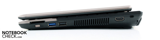 Справа: Считыватель карт памяти (SD/MMC/MS/MS Pro), функциональная кнопка, USB 3.0, USB 2.0, HDMI, разъем для замка Кенсингтона