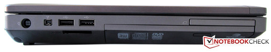 Слева: FireWire, 2x USB 2.0, картридер, привод DVD, ExpressCard