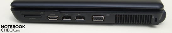 Справа: ExpressCard/34, кард ридер (SD, MMC), 2x USB, VGA, вентилятор, Kensington Lock
