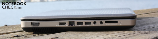 Слева: VGA, HDMI, Ethernet, 2 x USB 2.0, микрофон, наушники, кардридер