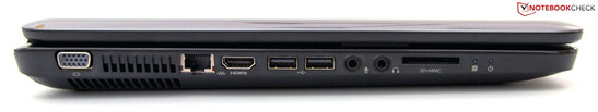 Слева: VGA, RJ-45 (Fast Ethernet), HDMI, 2x USB 2.0, вход для микрофона, выход для наушников, считыватель карт памяти