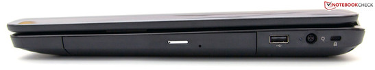 Справа: Привод оптических дисков, USB 2.0, разъем для подключения питания, разъем для замка Кенсингтона