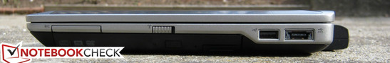 Справа: ExpressCard/34, модульный отсек, переключатель Wi-Fi, USB 2.0, USB 2.0/eSATA