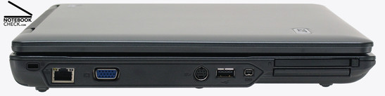 Слева: Kensington Lock, Gigabit-LAN, VGA, S-Video, 1x USB-2.0, Firewire, ExpressCard/54, PC-Card