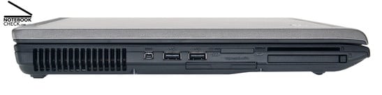 Слева: Вентиляционные отверстия, FireWire, 2x USB-2.0, ExpressCard/54, Картридер 5в1, PC-Card, Смарт-карт картридер