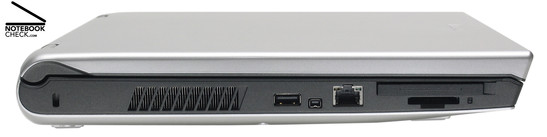 Левая панель: Замок Kensington, вентиляционные отверстия, 1x USB-2.0, FireWire, 100-Мбит-LAN, ExpressCard/54, считыватель карт 5-в-1