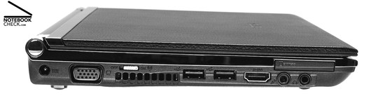 Левая панель: Разъем питания, VGA, переключатель беспроводной сети, отверстия вентилятора, 2x USB-2.0, ?-DVI-порт, микрофон, наушники (S/PDIF), ExpressCard/34