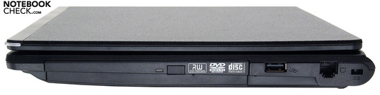 Справа: пишущий DVD, 1 порт USB-2.0, модем, замок Кенсингтон