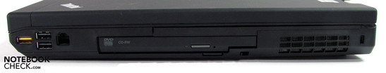 Справа: запитываемый USB 2.0, 2x USB 2.0, Модем, DVD привод, замок Kensington