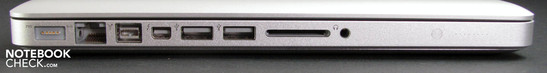 Слева: Коннектор питания MagSafe, LAN, FW800, Thunderbolt/DP, 2x USB 2.0, считыватель карт памяти, комбинированный аудиоразъем