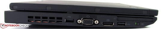 Слева: USB 2.0, VGA, display port, USB 2.0, ExpressCard54, выключатель беспроводных модулей