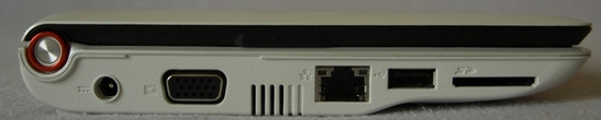 Вид слева: SD-кардридер, 1xUSB, LAN, кулер, VGA, питание