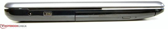 Левая сторона: разъем питания, USB 2.0, оптический привод (DVD)