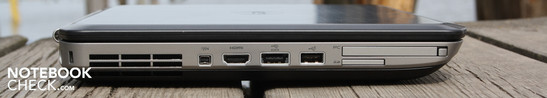 Слева: FireWire, HDMI, eSATA/USB 2.0, USB 2.0, PC-Card (PCMCIA), картридер