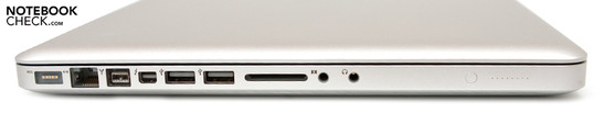 Слева: Коннектор питания MagSafe, RJ-45, FireWire 800, Thunderbolt (комбинирован с Mini DisplayPort), 2x USB 2.0, считыватель карт памяти (SD, SDHC, SDXC), выход для наушников, вхо