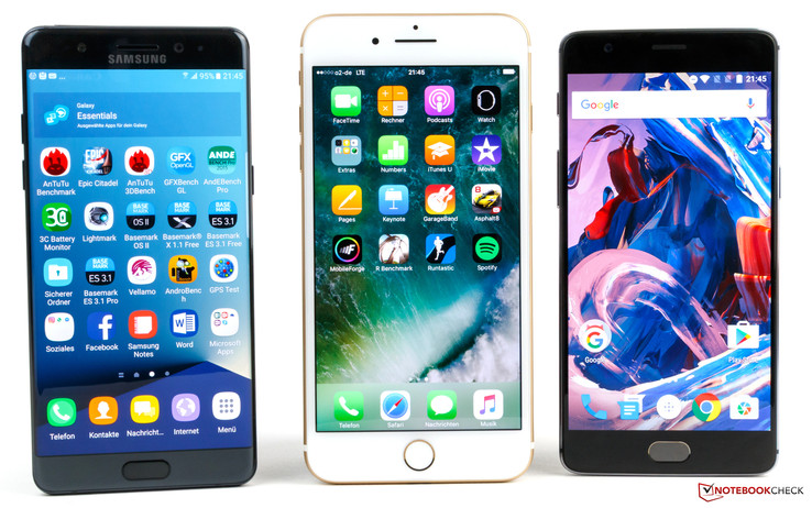 Слева направо: Galaxy Note 7, iPhone 7 Plus и OnePlus 3