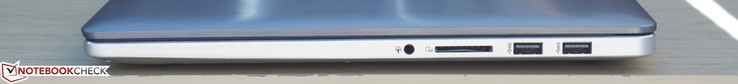 Справа: Совмещённый аудиопорт, слот карт памяти SD, 2x USB 3.0