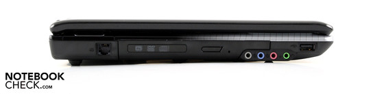 Слева: Модем, записывающий DVD-привод, линейный вход, линейный выход, вход для микрофона, выход для наушников, USB 2.0