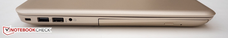 Слева: слот Kensington, USB 2.0, USB 3.1 (Gen1), 3.5-мм аудиоразъем, DVD-привод