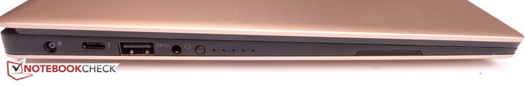 Слева: разъём питания, USB типа C Gen. 2 (+ Thunderbolt 3), USB 3.0, 3.5 мм аудио выход