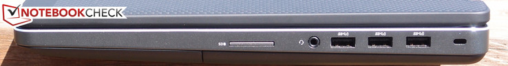 Справа: кард-ридер для карт памяти SD, 3.5-мм комбинированный аудиоразъем, 3 порта USB 3.0, разъем для замка Kensington Lock
