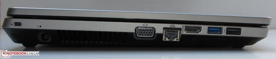 Слева: Kensington, разъём питания, VGA, LAN, HDMI, USB 3.0, USB 2.0, ExpressCard