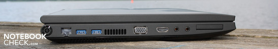 Слева: Разъем для подключения питания, 2 x USB 3.0, VGA, HDMI, разъемы для микрофона и наушников, ExpressCard34