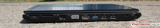 Справа: HG Duo SD (считыватель карт памяти), Ethernet, VGA, HDMI, USB 3.0, 2 х USB 2.0, разъем для замка Кенсингтона, разъем для подключения питания